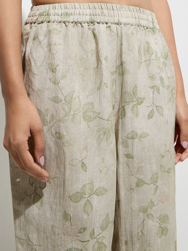 Westside Zuba Women's Sage Leaf Design Palazzos for Work Wear Zoomed View