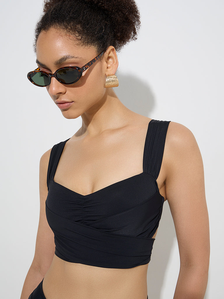 Westside Wunderlove Women's Swimwear Black Wrap-Style Bikini Bra for Beachwear Front View