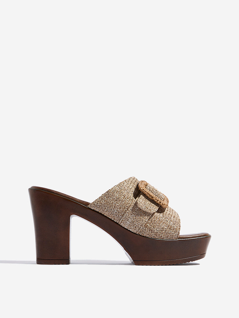 LUNA BLU Taupe Raffia-Textured Heel Sandals