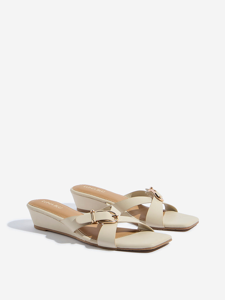Westside LUNA BLU Women's Ivory Criss-Cross Detailed Wedge Heel Sandals for Casual Wear Front view