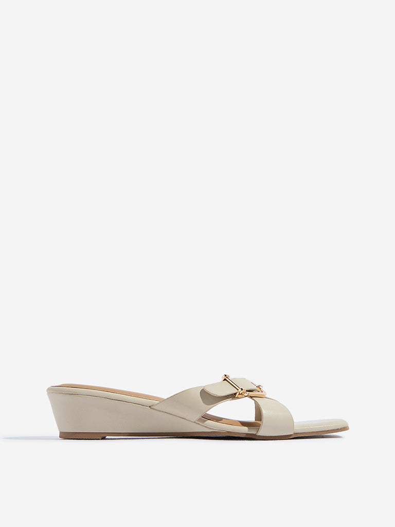 Westside LUNA BLU Women's Ivory Criss-Cross Detailed Wedge Heel Sandals for Casual Wear Side View
