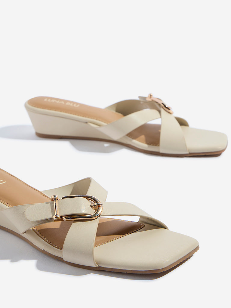 Westside LUNA BLU Women's Ivory Criss-Cross Detailed Wedge Heel Sandals for Casual Wear Zoomed View