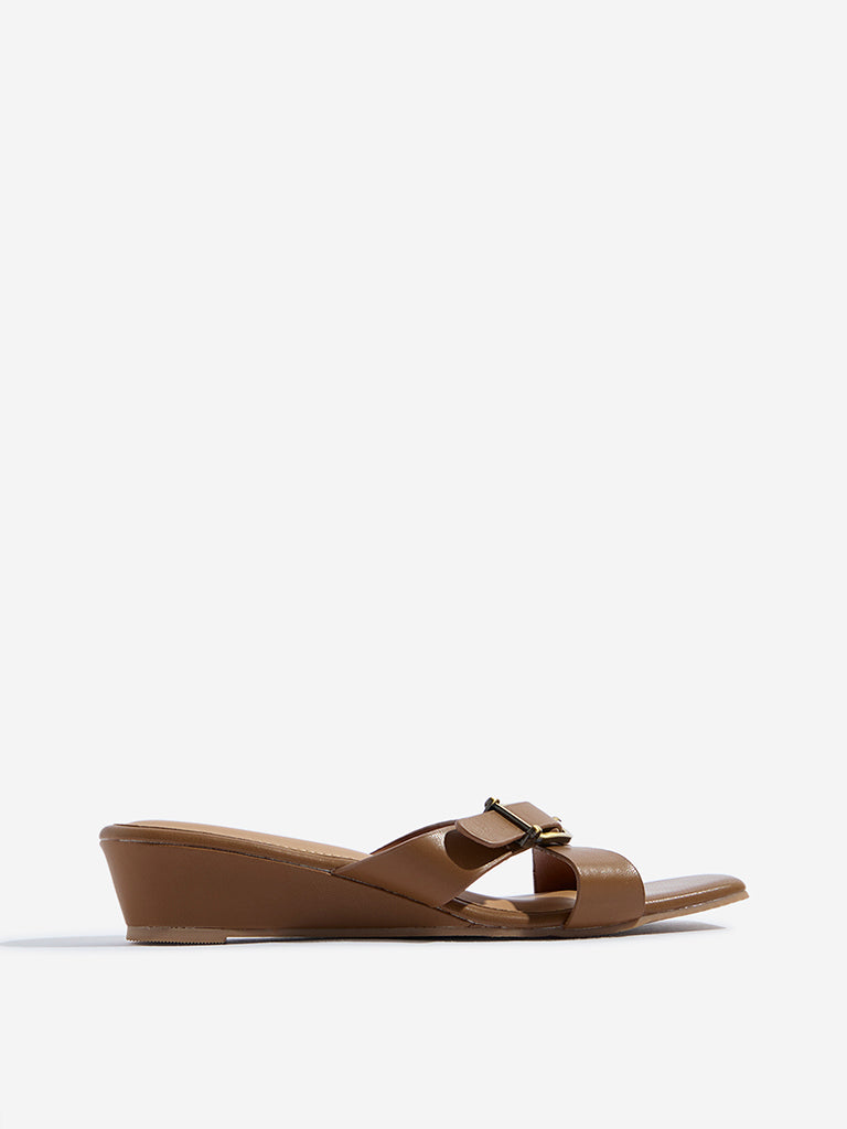 Westside LUNA BLU Women's Tan Criss-Cross Detailed Wedge Heel Sandals for Casual Wear Side View
