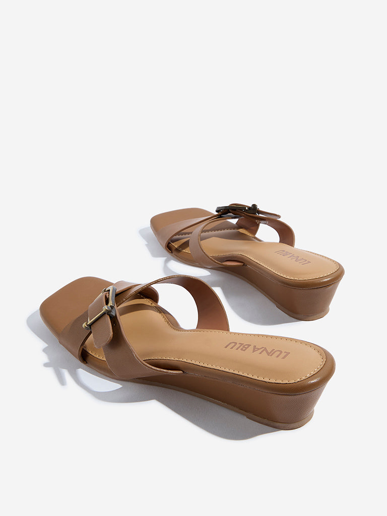 Westside LUNA BLU Women's Tan Criss-Cross Detailed Wedge Heel Sandals for Casual Wear Zoomed View