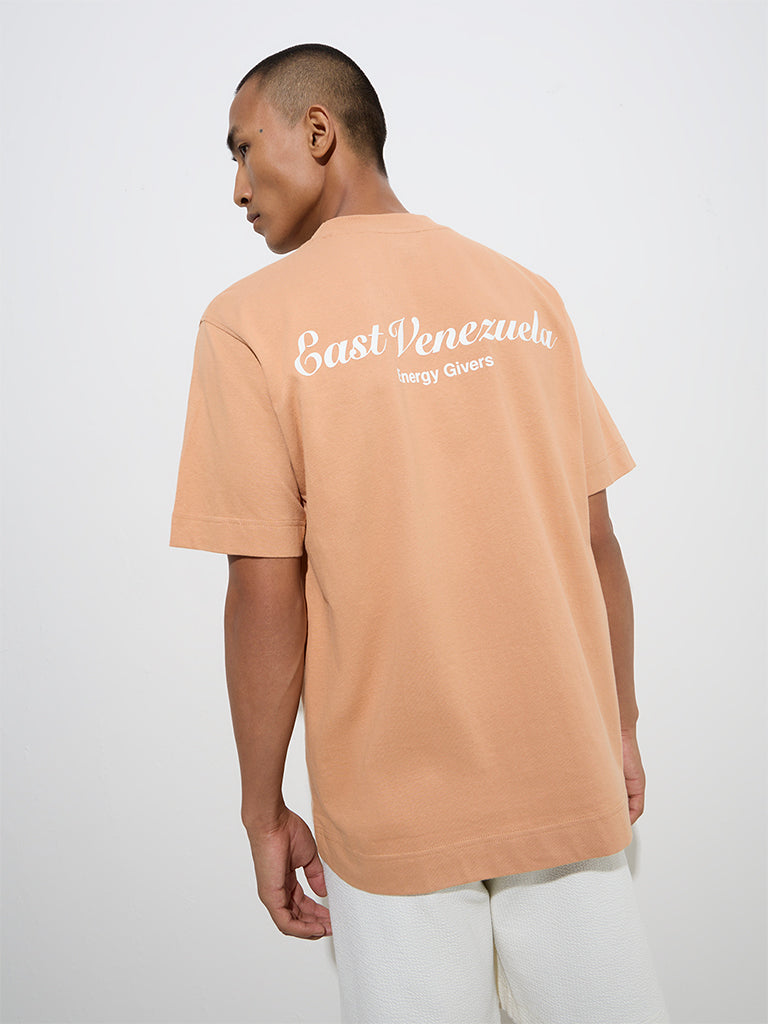 Westside Studiofit Men's Peach Text Printed Relaxed-Fit Cotton T-Shirt for Sports Wear Back View