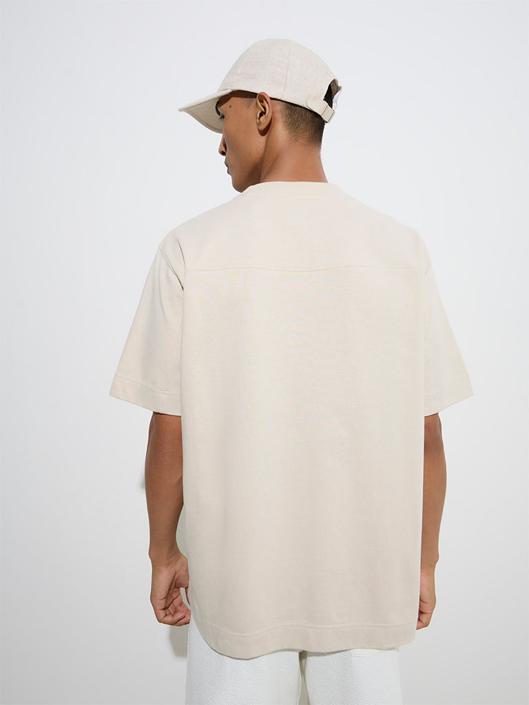 Westside Studiofit Men's Light Beige Printed Relaxed-Fit Cotton T-Shirt for Sports Wear Back View