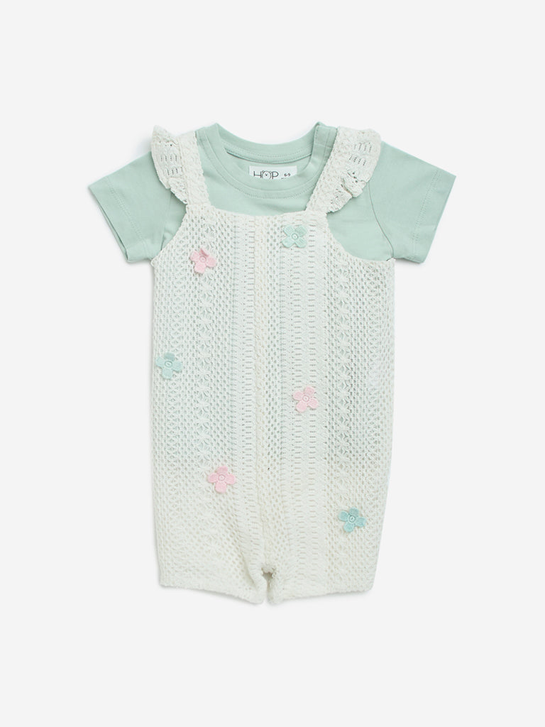 HOP Baby White Crochet Cotton-Blend Dungaree & T-Shirt Set