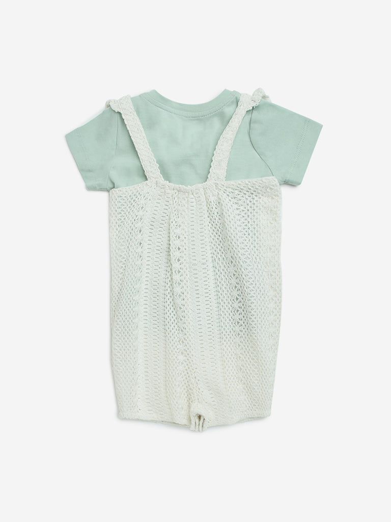 HOP Baby White Crochet Cotton-Blend Dungaree & T-Shirt Set
