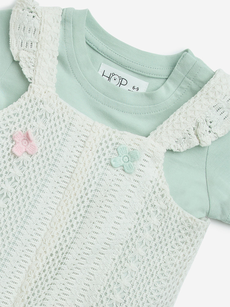 Westside HOP Baby Girl's White Crochet Cotton-Blend Dungaree & T-Shirt Set for Casual Wear Zoomed View