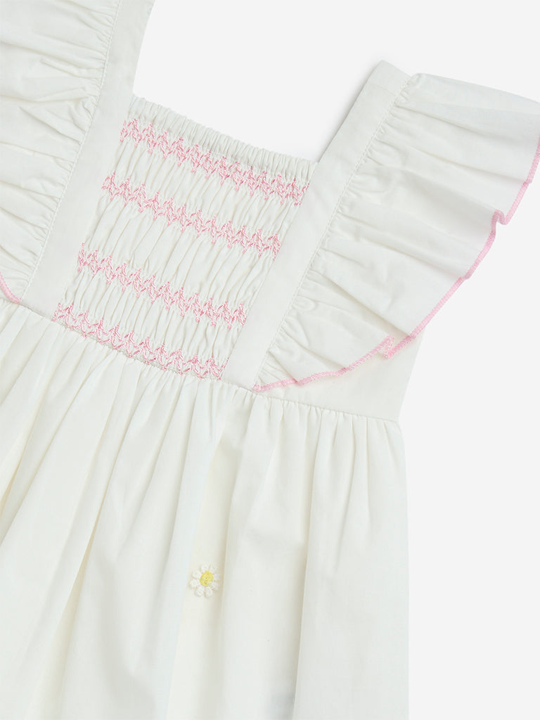 HOP Baby White Floral Embroidered Cotton A-Line Dress