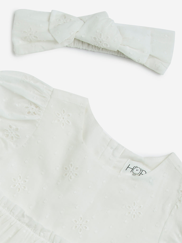 HOP Baby White Schiffli Cotton Tiered Dress with Headband