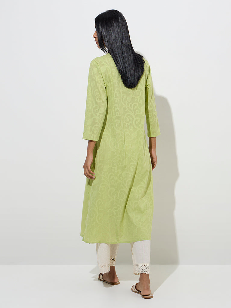 Westside Utsa Women's Green Jacquard-Design Cotton A-Line Kurta for Work Wear Back View