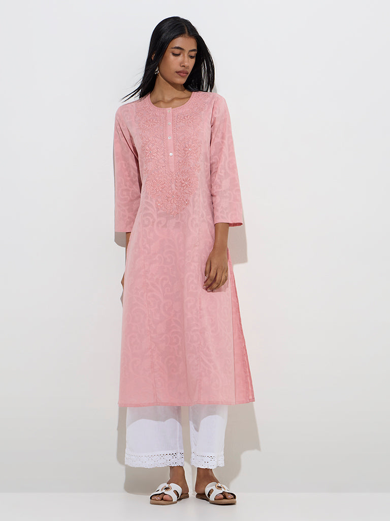 Westside Utsa Women's Pink Jacquard-Design Cotton A-Line Kurta for Work Wear Front View
