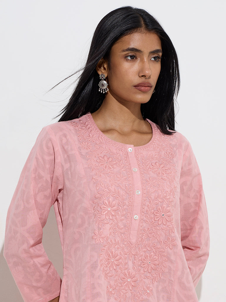 Westside Utsa Women's Pink Jacquard-Design Cotton A-Line Kurta for Work Wear Zoomed View