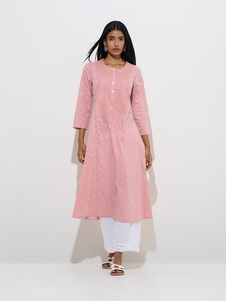 Westside Utsa Women's Pink Jacquard-Design Cotton A-Line Kurta for Work Wear Front View