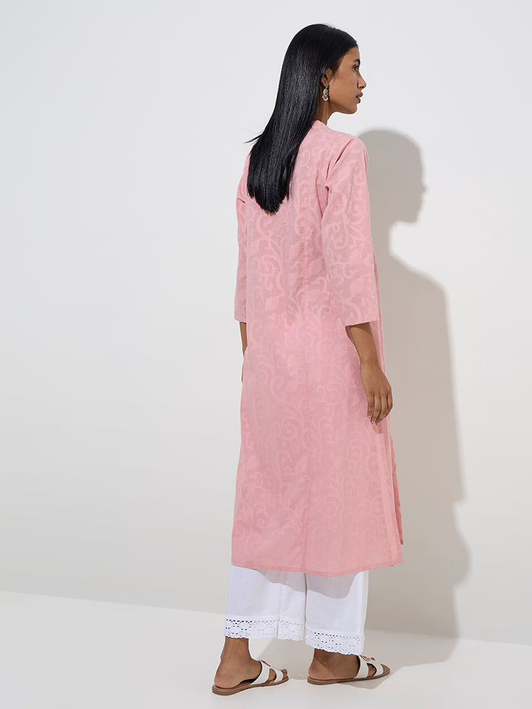 Westside Utsa Women's Pink Jacquard-Design Cotton A-Line Kurta for Work Wear Back View