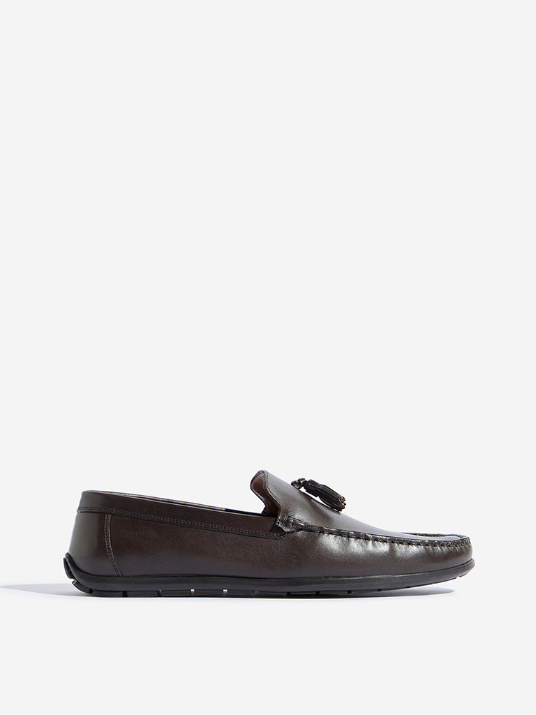 Westside SOLEPLAY Men's Dark Brown Tassel Leather Slip-On Shoes for Casual Wear Side View