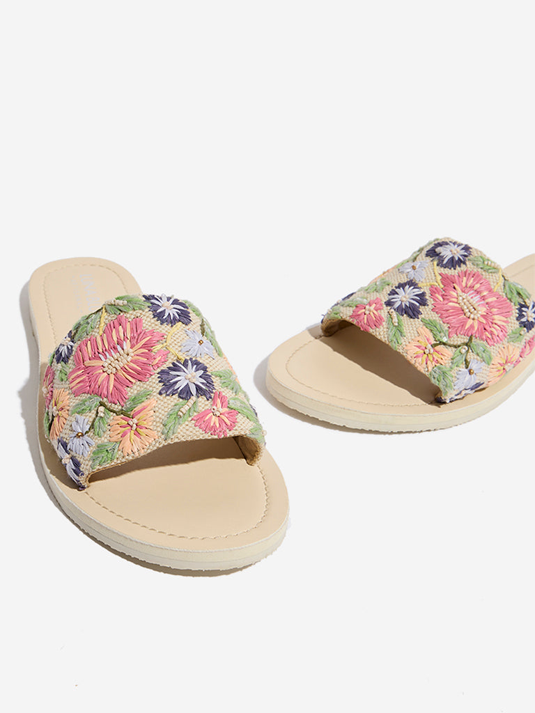 Westside LUNA BLU Women's Multicolour Floral Embroidered Raffia Slides Zoomed View