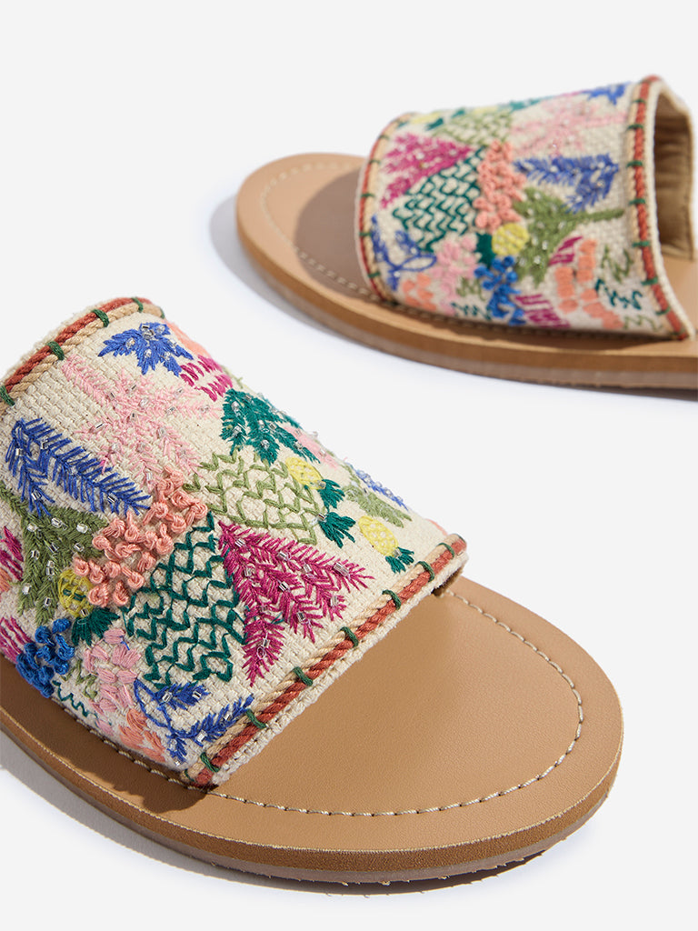 Westside LUNA BLU Women's Multicolour Embroidered Slides for Festival Wear Zoomed View