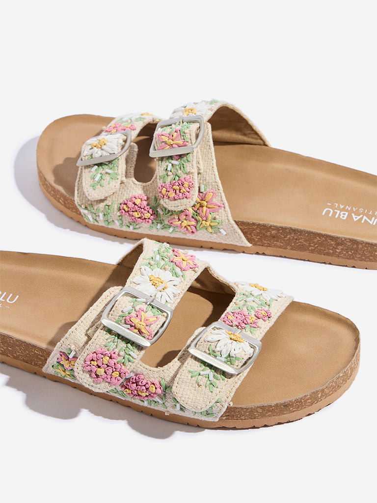 Westside LUNA BLU Women's Multicolour Floral Embroidered Slip-On Sandals Zoomed View