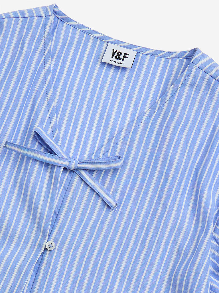 Westside Y&F Girl's Blue Stripe Printed Cotton-Blend Top for Casual Wear Zoomed View