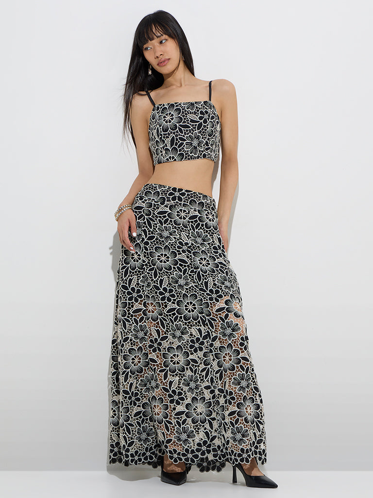 Vark Black Floral Lace Embroidered Ethnic Top