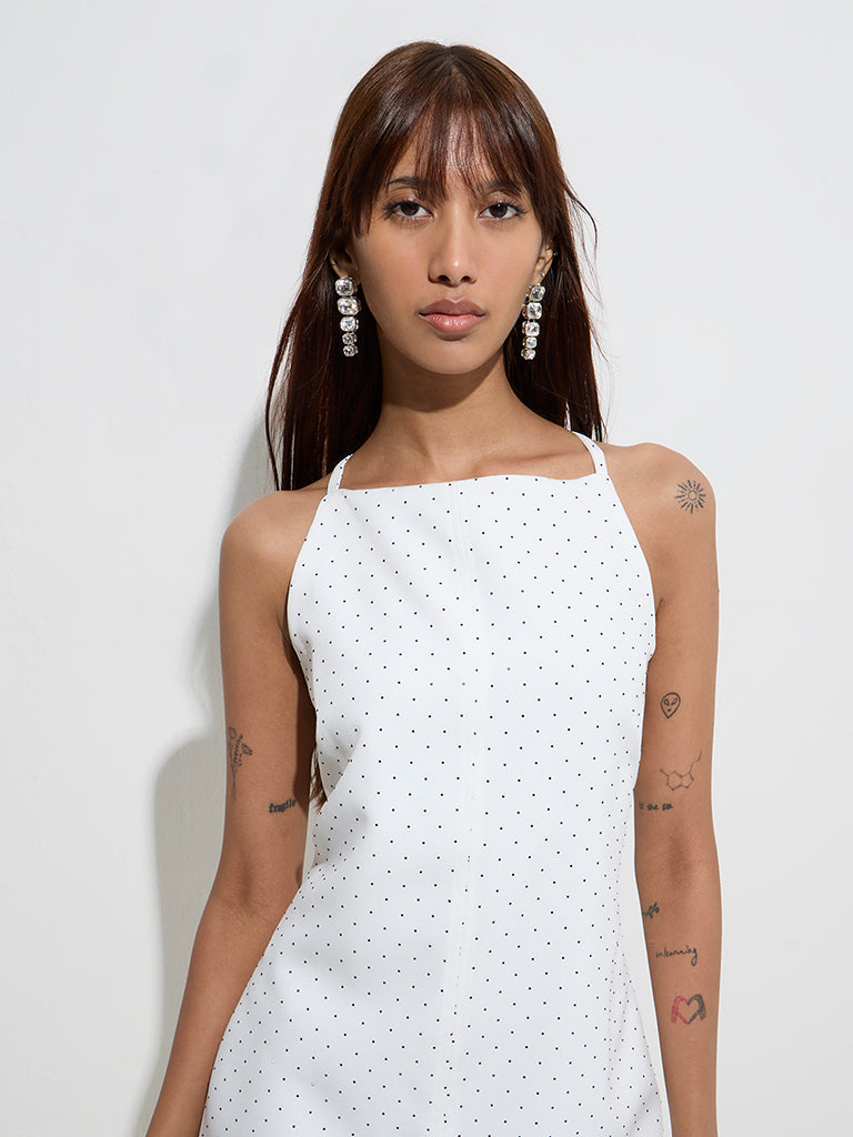 Westside Vark Women's White Polka Dotted Straight Dress for Festive Wear Zoomed View