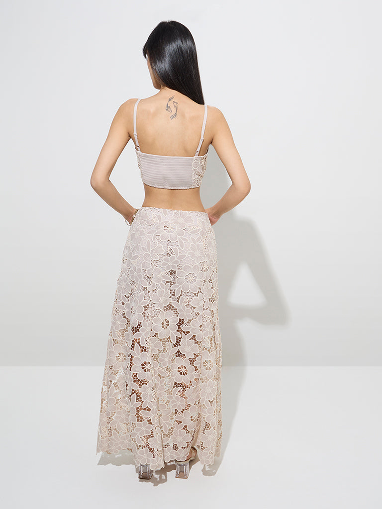 Vark Beige Floral Lace Embroidered Ethnic Skirt