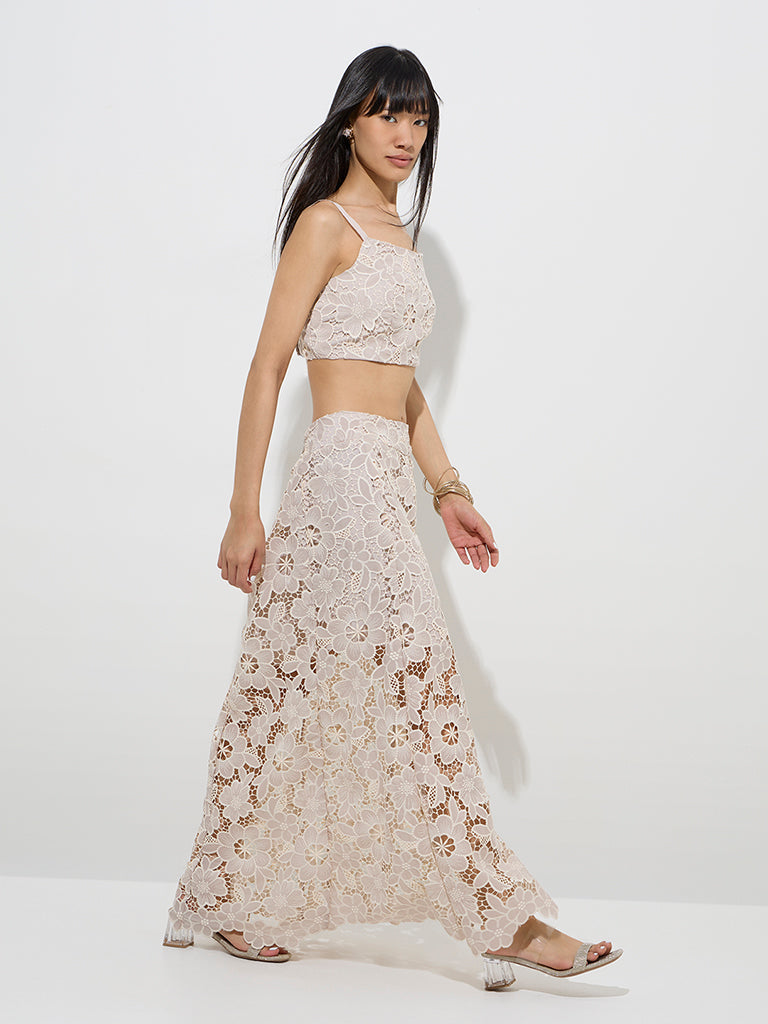 Vark Beige Floral Lace Embroidered Ethnic Skirt