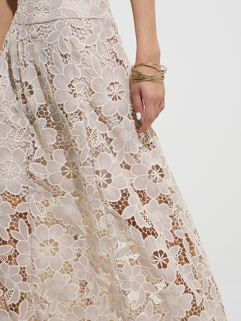 Westside Vark Women's Beige Floral Lace Embroidered Ethnic Skirt for Festive Wear Back View