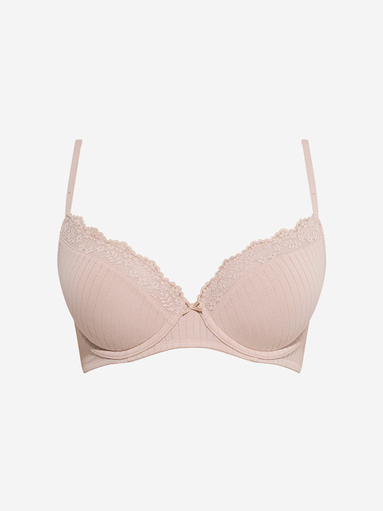 Wunderlove Taupe Ribbed-Textured Underwired Cotton-Blend Bra