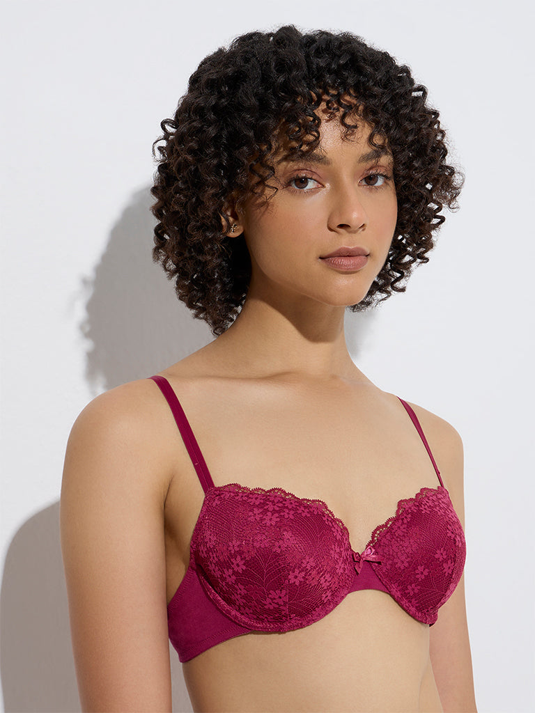 Westside Wunderlove Women's Maroon Lace-Detailed Underwired Bra for Casual Wear Front View