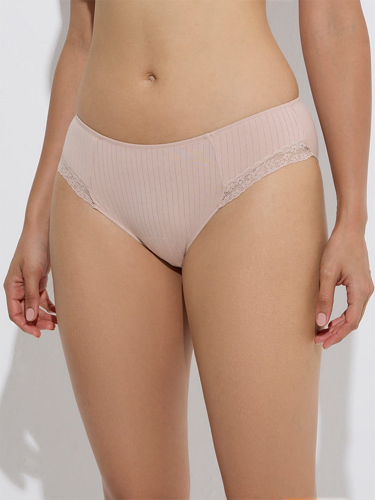 Wunderlove Taupe Ribbed-Textured Cotton-Blend Briefs