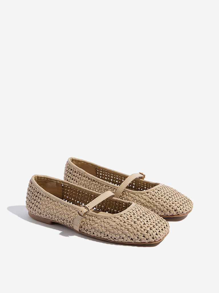 LUNA BLU Beige Woven-Textured Mary Jane Shoes