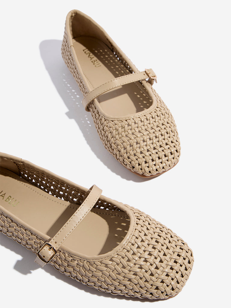 LUNA BLU Beige Woven-Textured Mary Jane Shoes