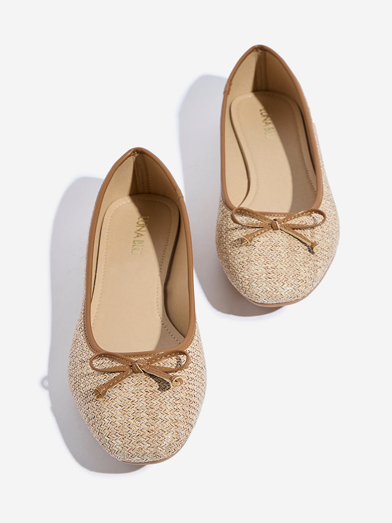 Westside LUNA BLU Women's Beige Raffia Bow-Detailed Ballerina for Casual Wear Zoomed View
