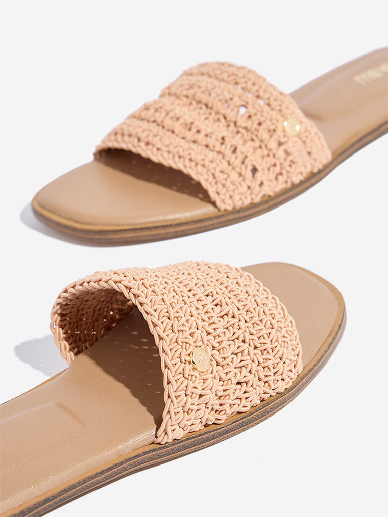 Westside LUNA BLU Women's Peach Crochet-Strap Slides for Casual Wear Zoomed View