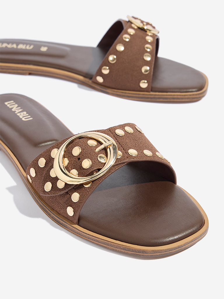Westside LUNA BLU Women's Brown Stud-Detailed Buckled Slides for Casual Wear Zoomed View