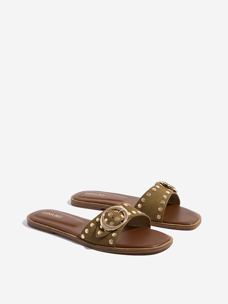 LUNA BLU Olive Stud-Detailed Buckled Slides