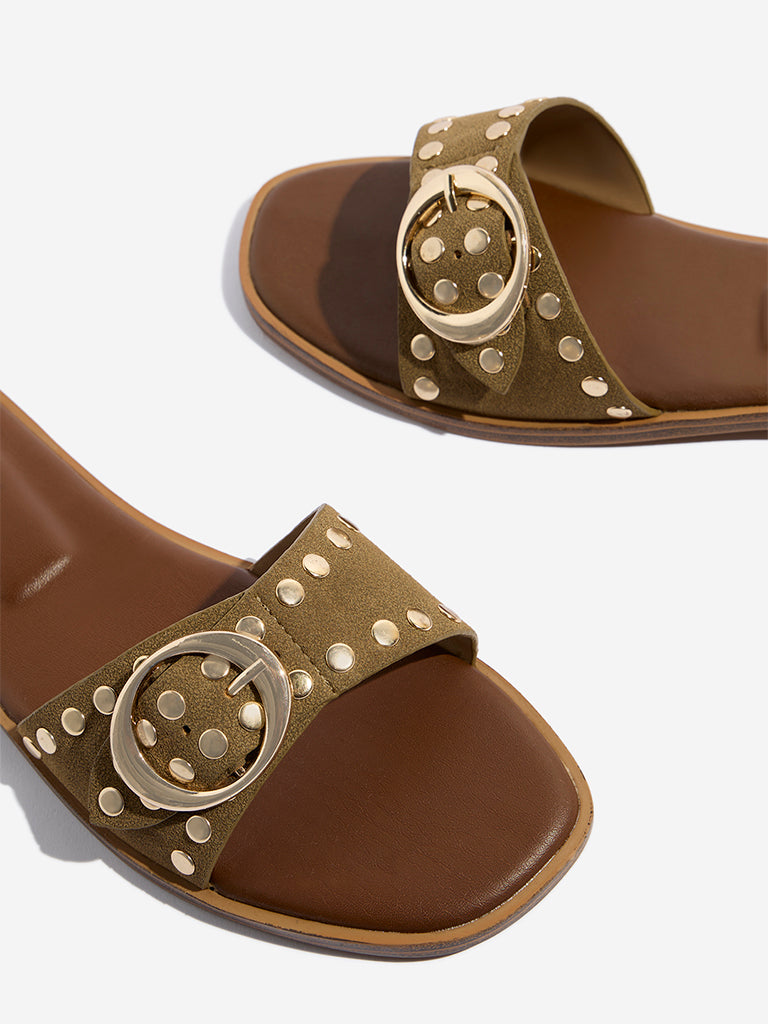 LUNA BLU Olive Stud-Detailed Buckled Slides