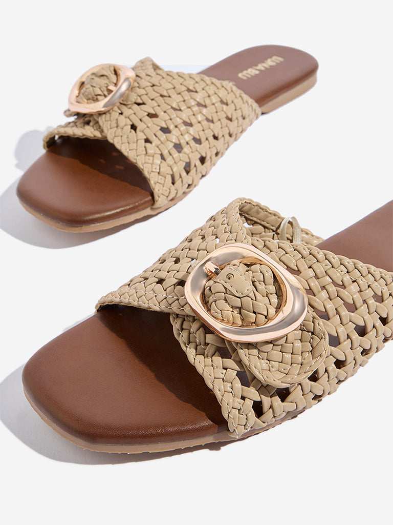 LUNA BLU Ivory Rattan Weave Buckled Slides