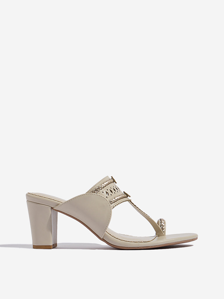 Westside LUNA BLU Women's Ivory Kolhapuri Block-Heel Sandals Side View