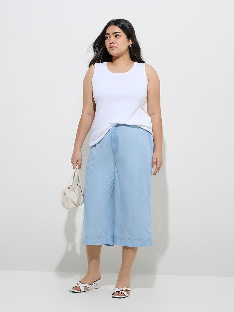 Westside Gia Women's Light Blue High-Rise Denim Culottes for Casual Wear Full View
