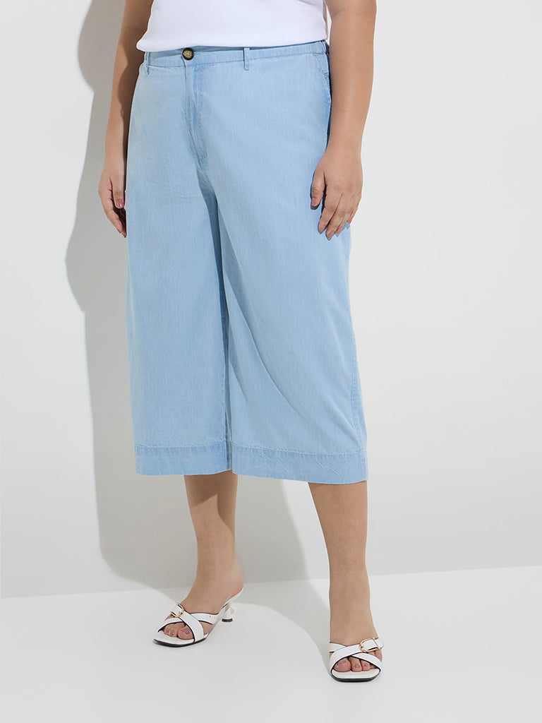 Westside Gia Women's Light Blue High-Rise Denim Culottes for Casual Wear Front View
