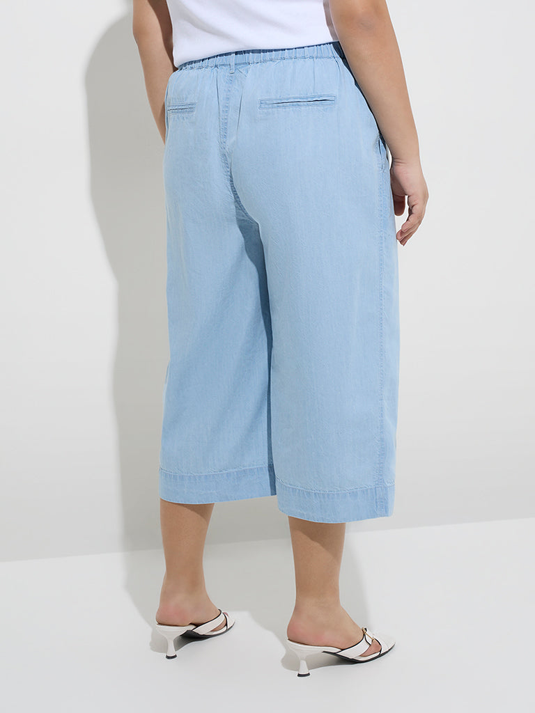 Westside Gia Women's Light Blue High-Rise Denim Culottes for Casual Wear Back View