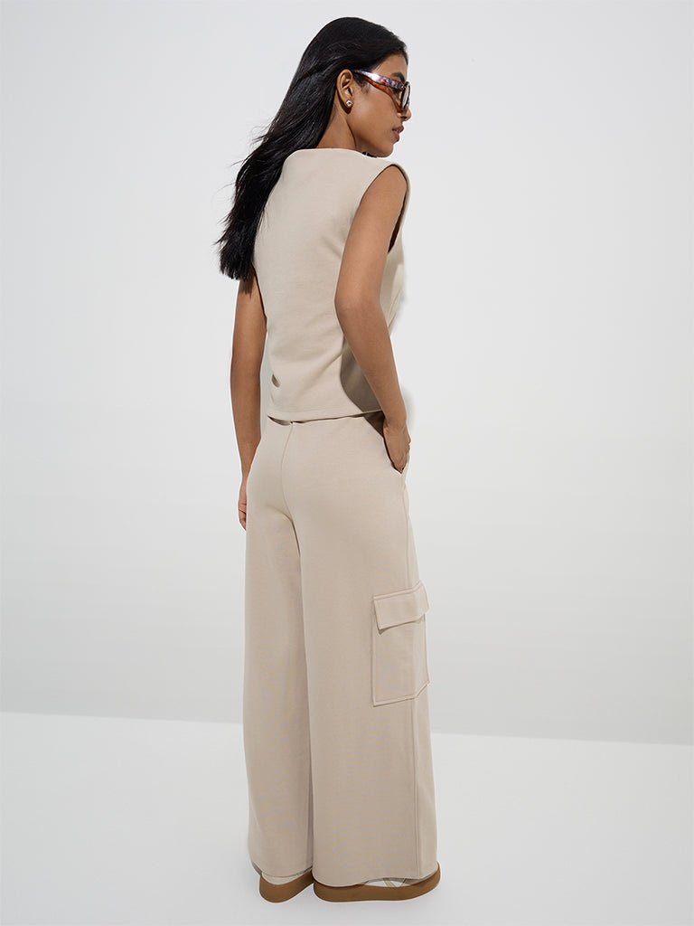 LOV Beige Cargo-Style High-Rise Cotton-Blend Pants