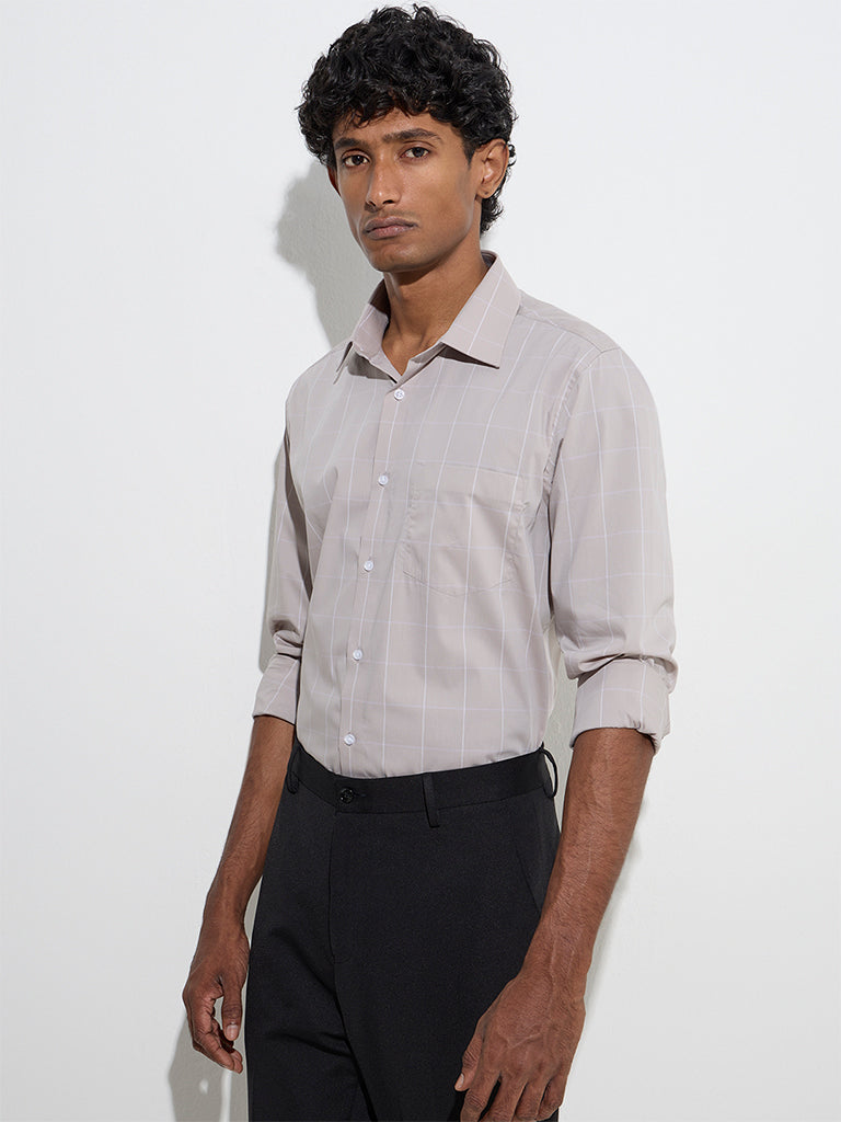 WES Formals Taupe Checkered Slim-Fit Cotton Shirt