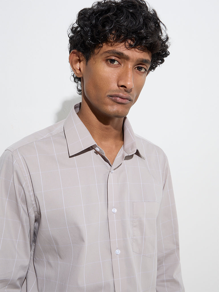 WES Formals Taupe Checkered Slim-Fit Cotton Shirt