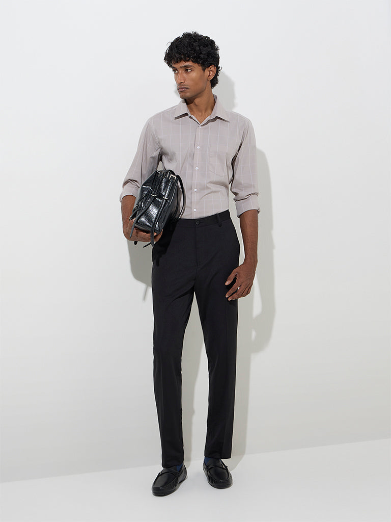 WES Formals Taupe Checkered Slim-Fit Cotton Shirt