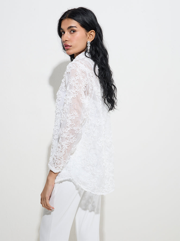 Westside Vark Women's White Floral Lace Design Shirt with Camisole Set for Festive Wear Back View